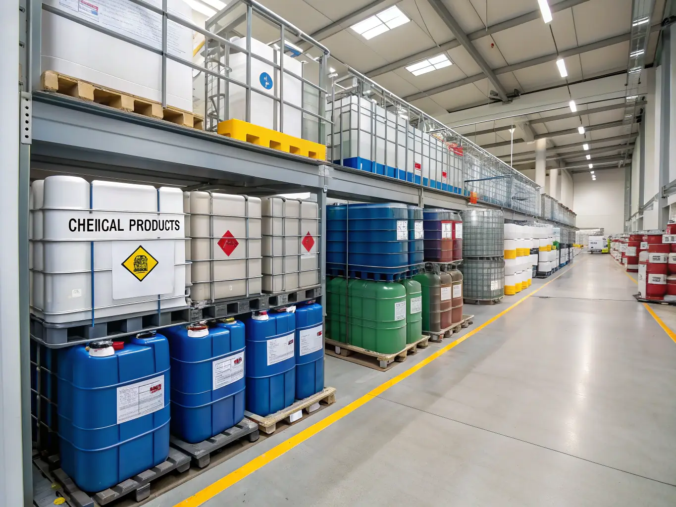 An image showcasing various fertilizers and pesticides available at AgroPro LLC, displayed neatly on shelves in a warehouse setting, emphasizing the wide selection and availability.