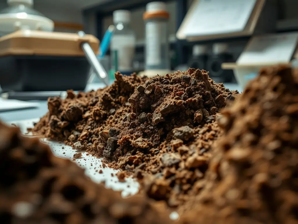 A close-up image of soil samples being analyzed in a lab setting, with a technician in the background using advanced equipment.